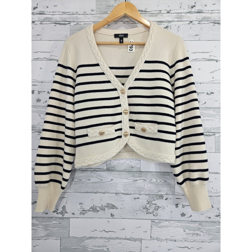 AQUA Cashmere Striped Cardigan Sweater Cream Navy Blue Gold Button Small